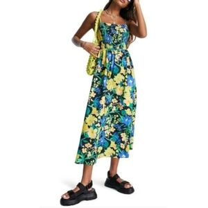 Topshop bold floral print smocked botice tiered back midi dress